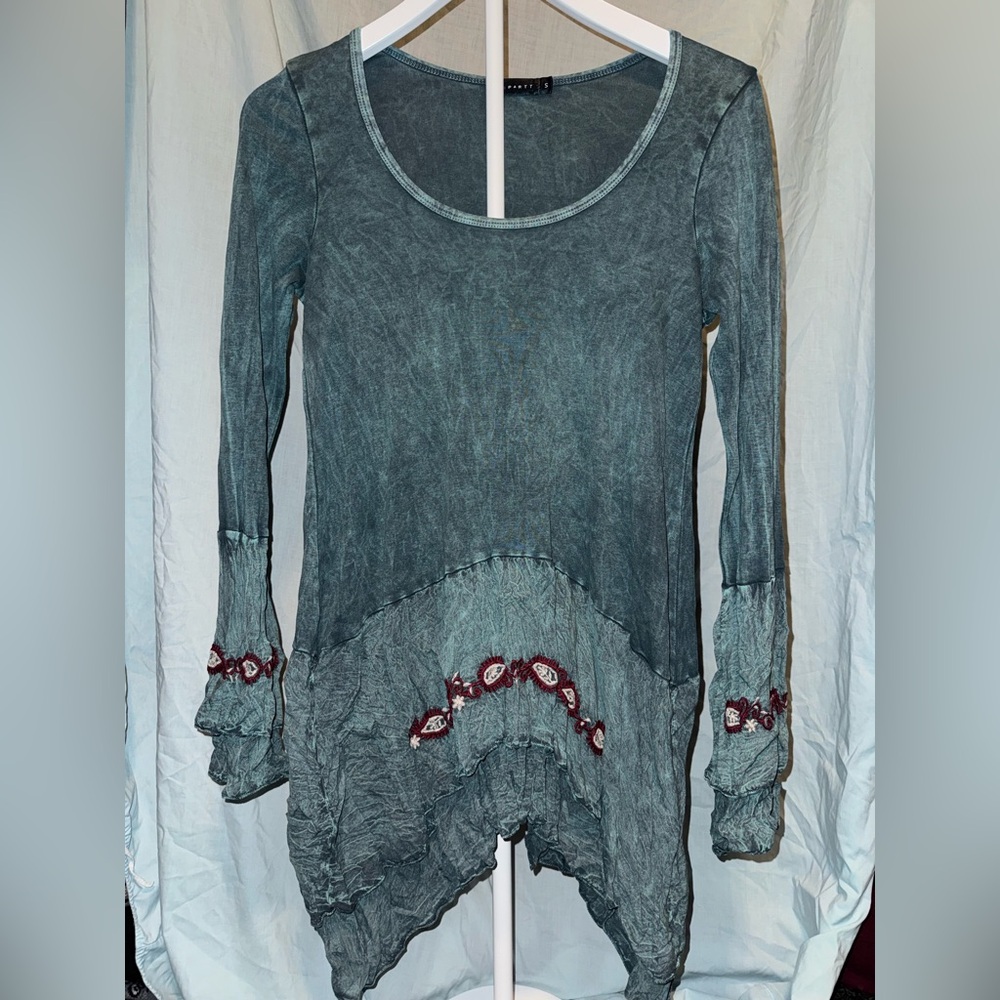 Acid Washed Teal Scoop-Neck Tunic with Embroidered Accents